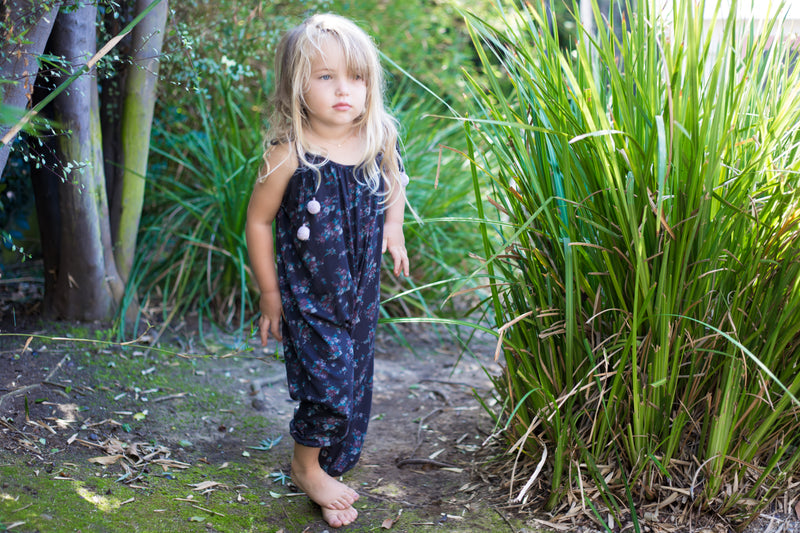 Toddler Girls Cozy Loose Fit  Dark Blue Pom Pom Jumpsuit | Born By The Shore