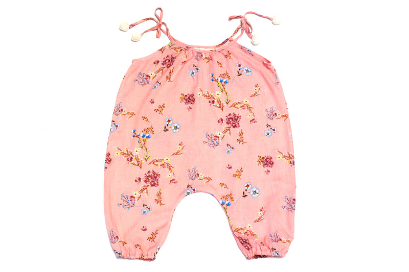 Toddler Girls Pink Cute Floral Pom Pom Jumper Trendy Jumpsuit by Born By The Shore