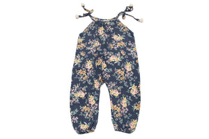 Toddler Girls Cozy Loose Fit Dark Blue Floral Pom Pom Trendy Jumpsuit | Born By The Shore