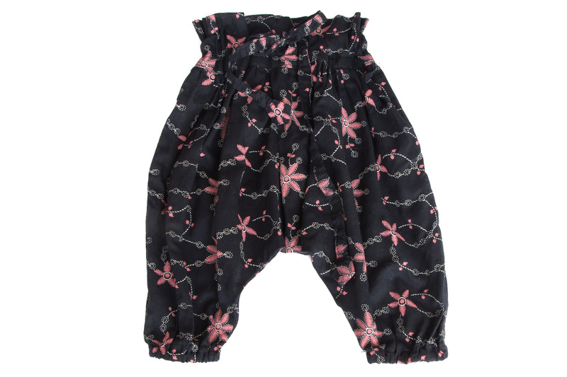 Playful Black Embroidered Harem Pants with Small Pink Flowers for 6-12 mo Baby Girl | Born By The Shore