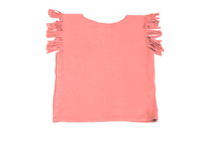 Baby & Girl Coral Pink Designer Fringe Short Sleeve T-Shirt Cute Top | Born By The Shore