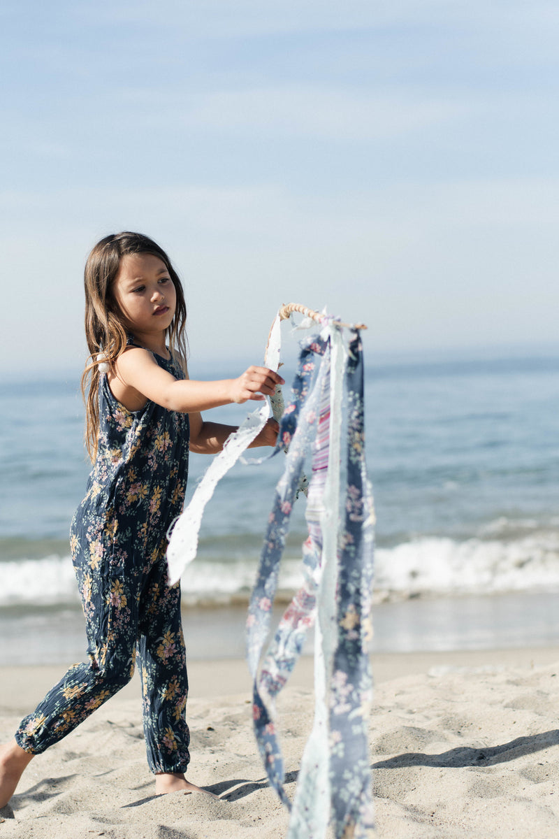 Toddler Girls Cozy Loose Fit Dark Blue Floral Pom Pom Trendy Jumpsuit | Born By The Shore