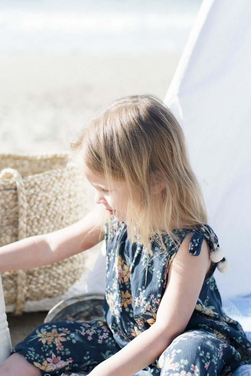 Toddler Girls Cozy Loose Fit Dark Blue Floral Pom Pom Trendy Jumpsuit | Born By The Shore