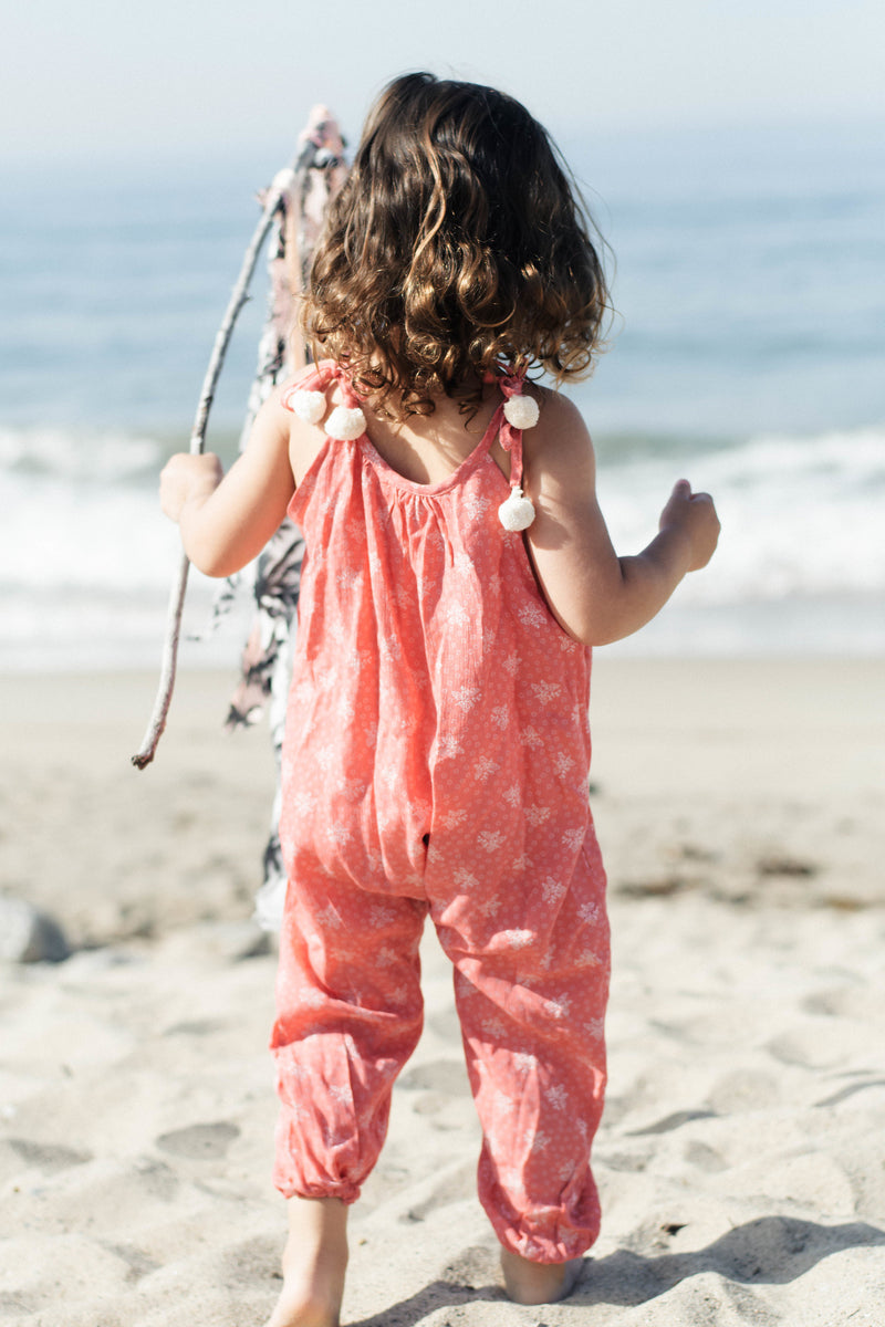 Toddler Girls Coral Rayon Pom Pom Jumper Cute Beach Outfit | Born By The Shore