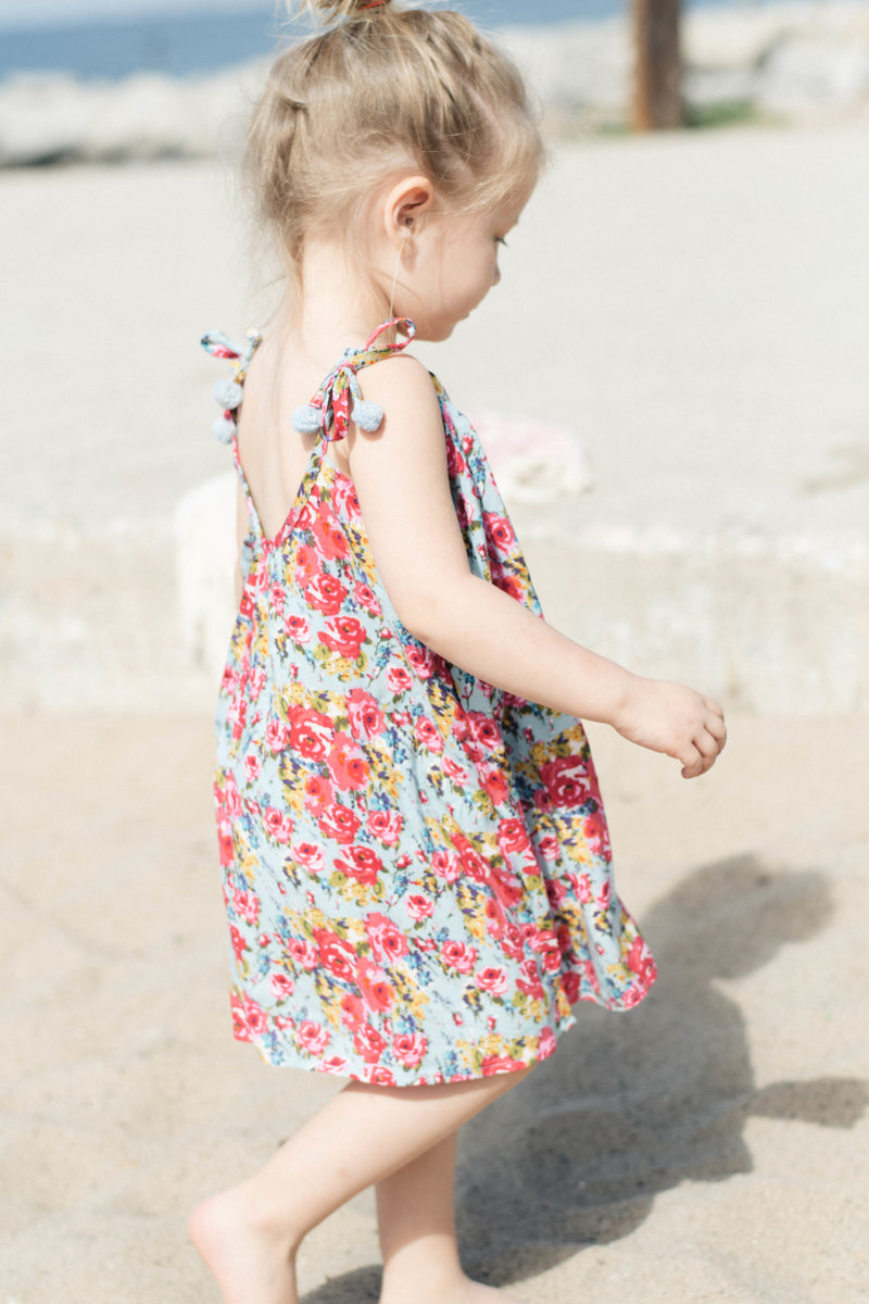 Floral Designer Pom Pom Dress Beach Outfit  for Toddler Girls | Born By The Shore