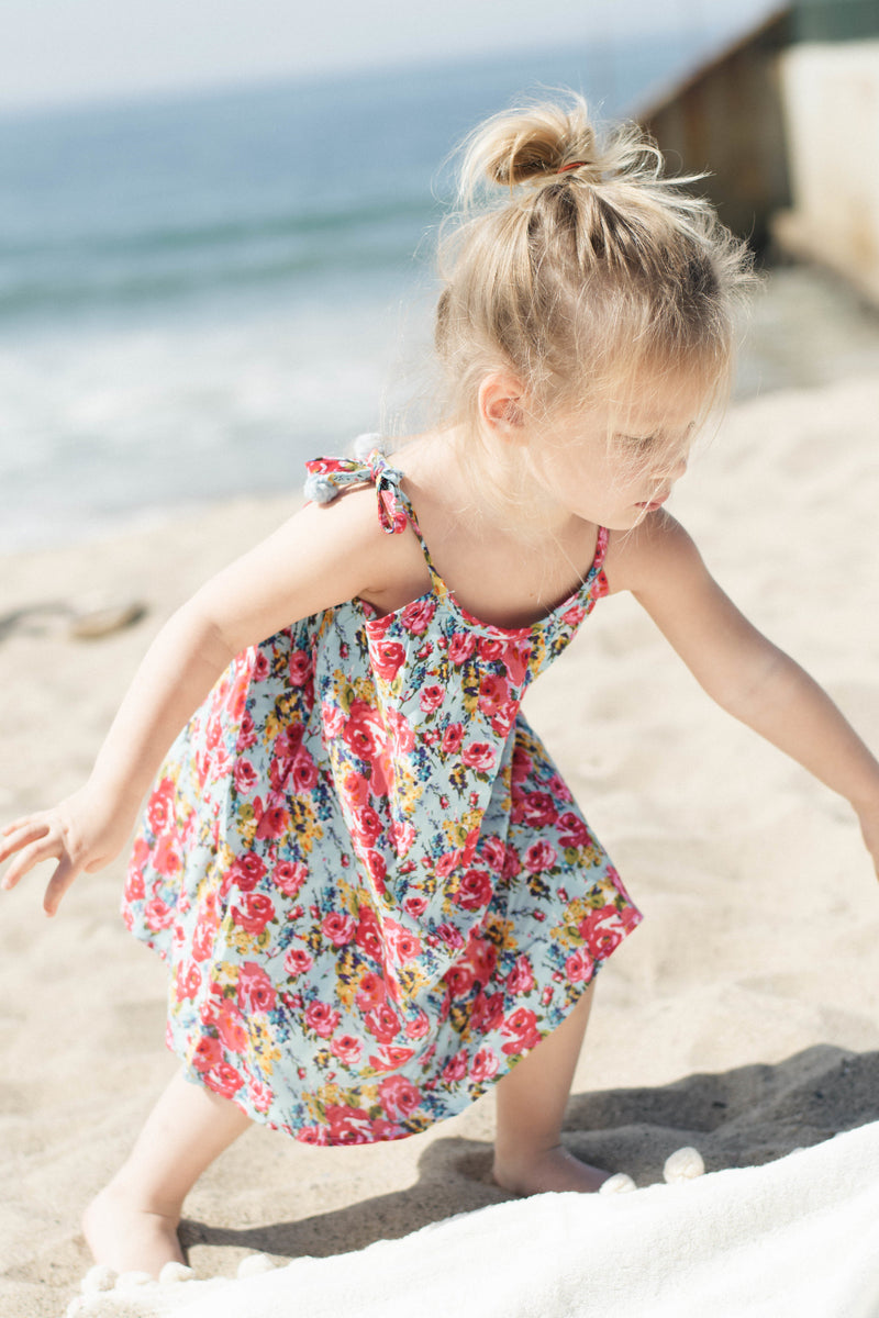 Floral Designer Pom Pom Dress Beach Outfit for Toddler Girls | Born By The Shore