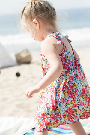 Floral Designer Pom Pom Dress Beach Outfit for Toddler Girls | Born By The Shore