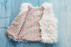 Girls White Faux Fur Vest | Flower Stripes Rose